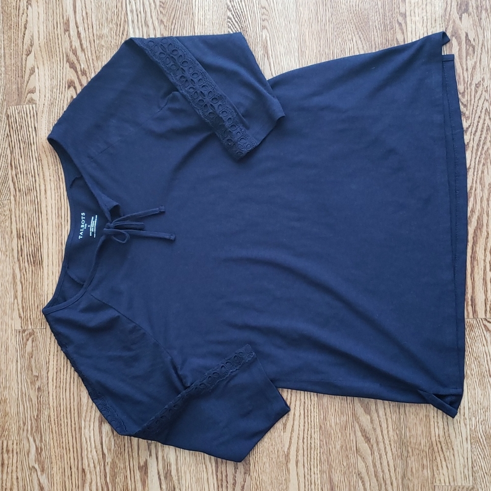 Talbots Navy Tie-Neck 3/4 Sleeve Top with Lace Trim